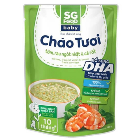 Cháo tươi baby SG Food tôm rau ngót cà rốt cho bé từ 10 tháng tuổi 240g