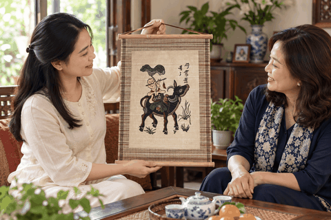 Tranh Đông Hồ dán mành làm quà tặng người thân xa quê