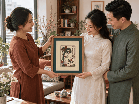 Tranh Đông Hồ Hứng Dừa làm quà cưới: Gửi lời chúc cùng nhau vun đắp