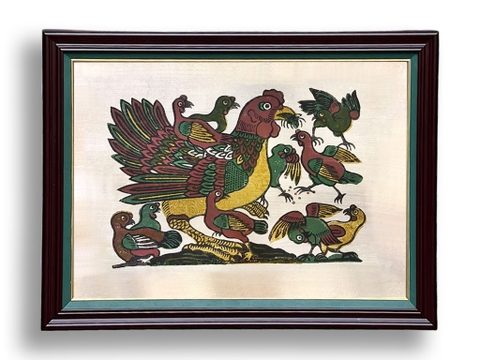 Tranh Đông Hồ Gà Đàn Khung Kính 60cm x 45cm