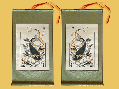 Cặp Tranh Đông Hồ Lý Ngư Vọng Nguyệt bồi lụa 42cm x 80cm