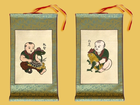 Cặp Tranh Đông Hồ Nhẫn Nghĩa Lễ Trí Bồi Lụa 30cm x 55cm