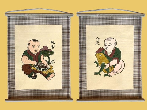 Cặp Tranh Đông Hồ Nhẫn Nghĩa Lễ Trí Dán Mành 32cm x 45cm