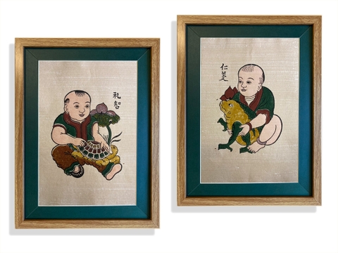 Cặp Tranh Đông Hồ Nhẫn Nghĩa Lễ Trí Khung Kính 30cm x 40cm