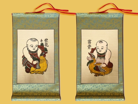 Cặp Tranh Đông Hồ Vinh Hoa Phú Quý bồi lụa 30cm x 55cm