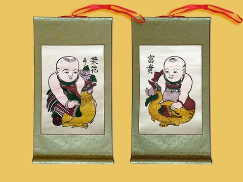 Cặp Tranh Đông Hồ Vinh Hoa Phú Quý bồi lụa 42cm x 80cm