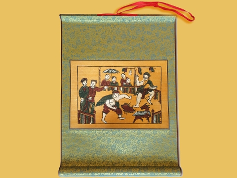 Tranh Đông Hồ Bịt Mắt Bắt Dê Bồi Lụa 40cm x 55cm