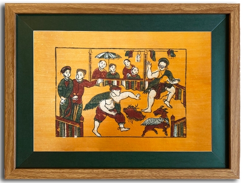 Tranh Đông Hồ Bặt Mắt Bắt Dê Khung Kính 40cm x 30cm