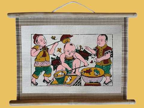 Tranh Đông Hồ Cá Chậu Dán Mành 45cm x 32cm