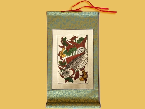 Tranh Đông Hồ Cá Đàn Bồi Lụa 30cm x 55cm