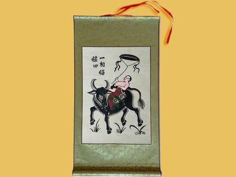 Tranh Đông Hồ Chăn Trâu Thả Diều Bồi Lụa 30cm x 55cm