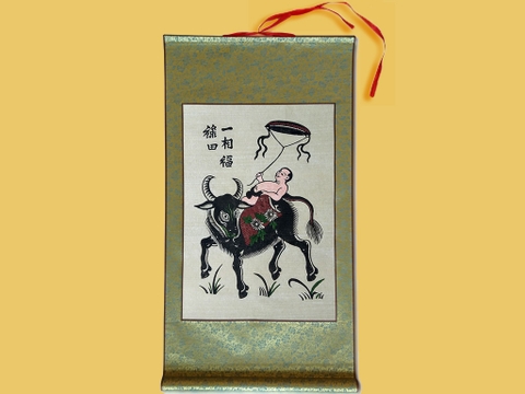 Tranh Đông Hồ Chăn Trâu Thả Diều bồi lụa 42cm x 80cm