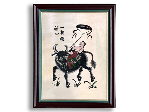 Tranh Đông Hồ Mục Đồng Chăn Trâu Thả Diều khung kính 45cm x 60cm