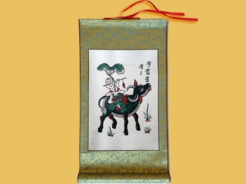Tranh Đông Hồ Chăn Trâu Thổi Sáo Bồi Lụa 30cm x 55cm