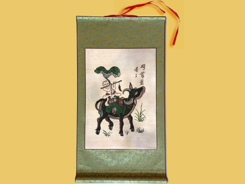 Tranh Đông Hồ Chăn Trâu Thổi Sáo bồi lụa 42cm x 80cm