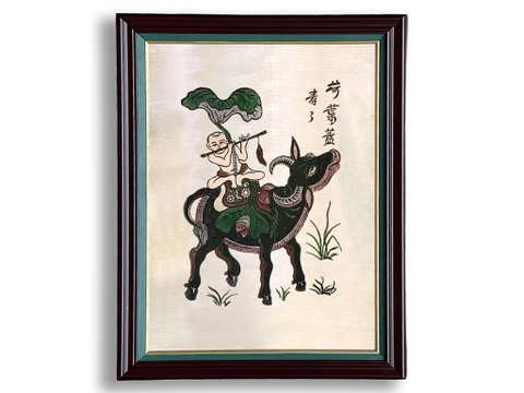 Tranh Đông Hồ Mục Đồng Chăn Trâu Thổi Sáo khung kính 45cm x 60cm