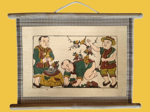Tranh Đông Hồ Chim Lồng Dán Mành 45cm x 32cm