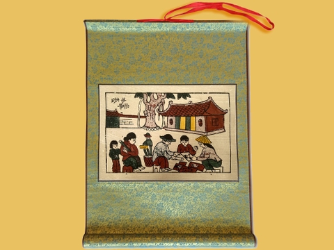Tranh Đông Hồ Chợ Quê Bồi Lụa 40cm x 55cm