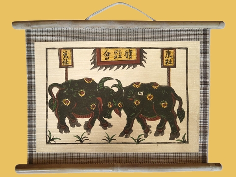 Tranh Đông Hồ Chọi Trâu Dán Mành 45cm x 32cm