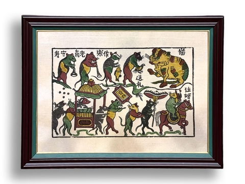 Tranh Đông Hồ Đám Cưới Chuột khung kính 60cm x 45cm