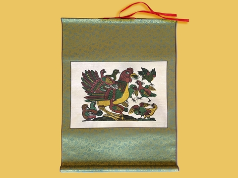 Tranh Đông Hồ Đàn Gà Mẹ Con Bồi Lụa 60cm x 80cm