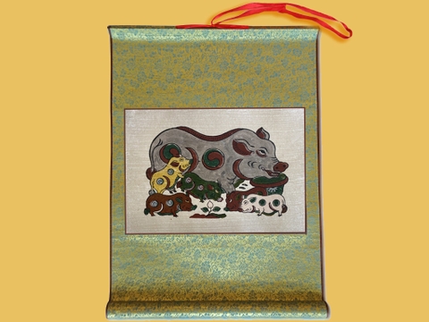 Tranh Đông Hồ Đàn Lợn Âm Dương Bồi Lụa 40cm x 55cm