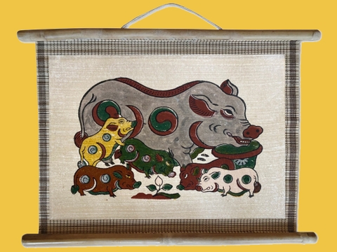 Tranh Đông Hồ Đàn Lợn Âm Dương dán mành 45cm x 32cm