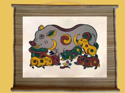 Tranh Đông Hồ Đàn Lợn Âm Dương Dán Mành 60cm x 50cm