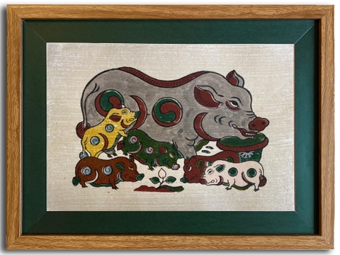 Tranh Đông Hồ Đàn Lợn Âm Dương Khung Kính 40cm x 30cm