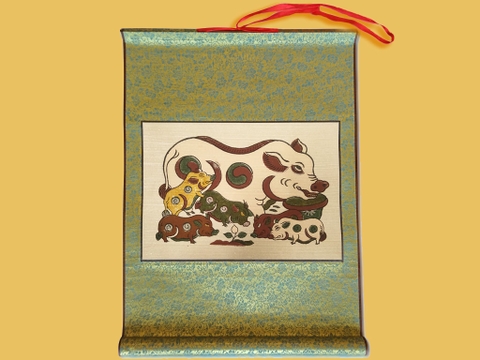 Tranh Đông Hồ Lợn Đàn Bồi Lụa 40cm x 55cm