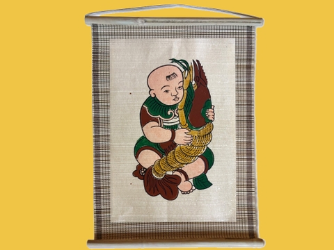 Tranh Đông Hồ Em Bé Ôm Tôm Dán Mành 35cm x 45cm