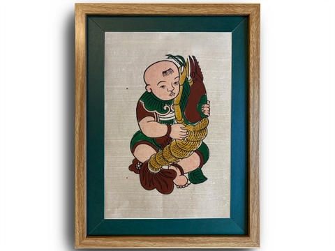 Tranh Đông Hồ Em Bé Ôm Tôm Khung Kính 30cm x 40cm