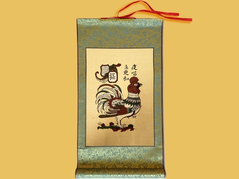 Tranh Đông Hồ Gà Dạ Xướng Bồi Lụa 30cm x 55cm