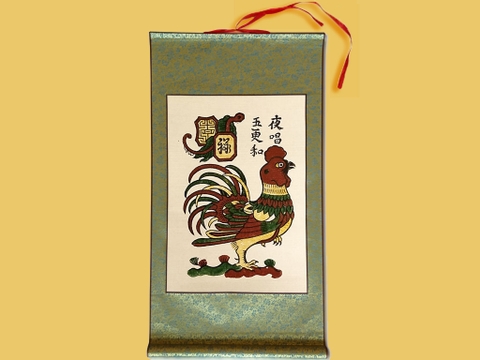 Tranh Đông Hồ Gà Dạ Xướng bồi lụa 42cm x 80cm