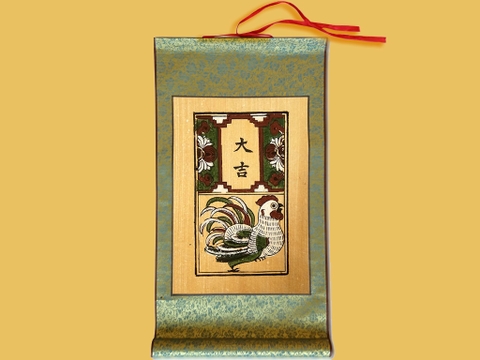 Tranh Đông Hồ Gà Đại Cát Bồi Lụa 30cm x 55cm
