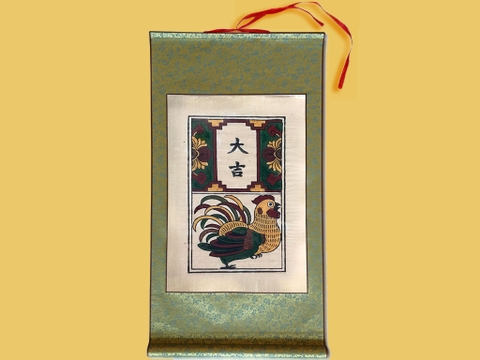 Tranh Đông Hồ Gà Đại Cát bồi lụa 42cm x 80cm