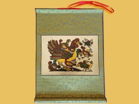 Tranh Đông Hồ Gà Đàn Bồi Lụa 40cm x 55cm