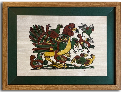 Tranh Đông Hồ Gà Đàn Khung Kính 40cm x 30cm