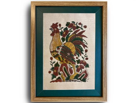 Tranh Đông Hồ Gà Hoa Hồng Khung Kính 30cm x 40cm
