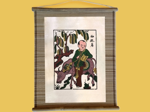 Tranh Đông Hồ Hiếu Học Chăn Trâu Đọc Sách Dán Mành 45cm x 55cm