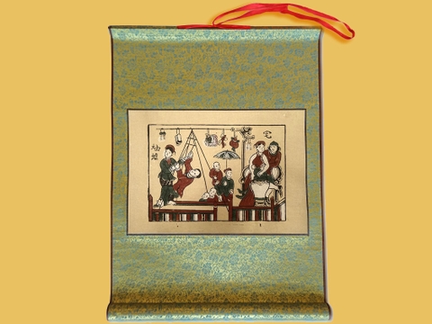 Tranh Đông Hồ Hội Đu Bồi Lụa 40cm x 55cm