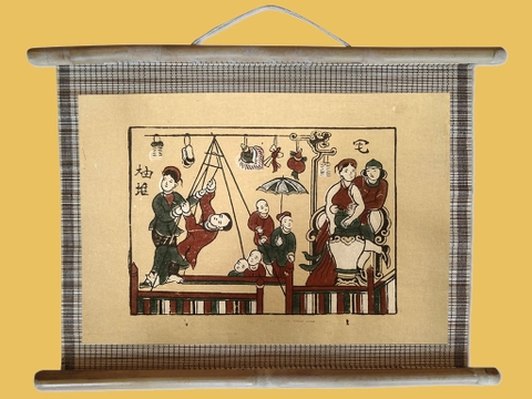 Tranh Đông Hồ Hội Đu Dán Mành 45cm x 32cm