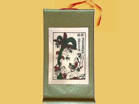 Tranh Đông Hồ Hứng Dừa bồi lụa 42cm x 80cm