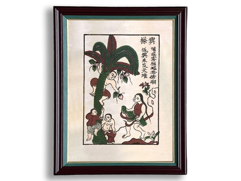 Tranh Đông Hồ Hứng Dừa Khung Kính 45cm x 60cm