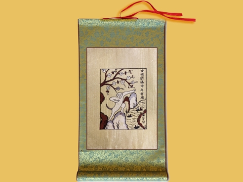 Tranh Đông Hồ Khỉ Đón Xuân Bồi Lụa 30cm x 55cm