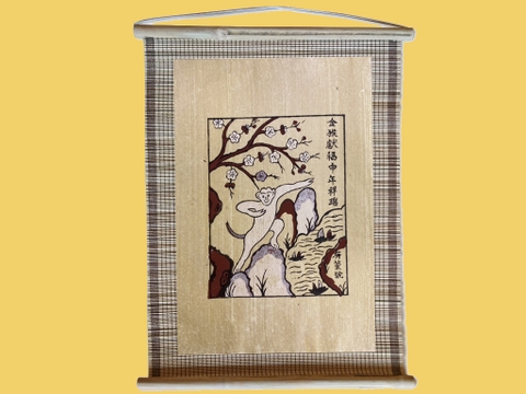 Tranh Đông Hồ Khỉ Đón Xuân Dán Mành 35cm x 45cm