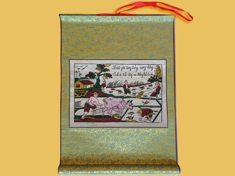 Tranh Đông Hồ Nhà Nông Làm Ruộng Bồi Lụa 40cm x 55cm