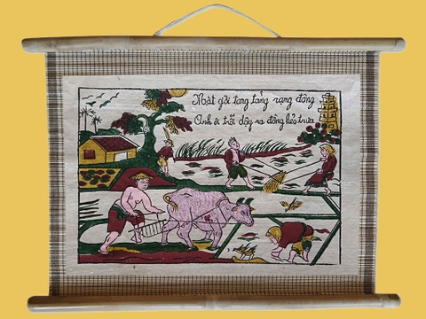 Tranh Đông Hồ Nhà Nông Làm Ruộng Dán Mành 45cm x 32cm