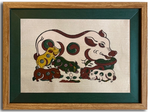 Tranh Đông Hồ Lợn Đàn Khung Kính 40cm x 30cm