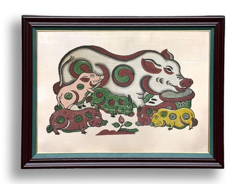 Tranh Đông Hồ Lợn Đàn khung kính 60cm x 45cm